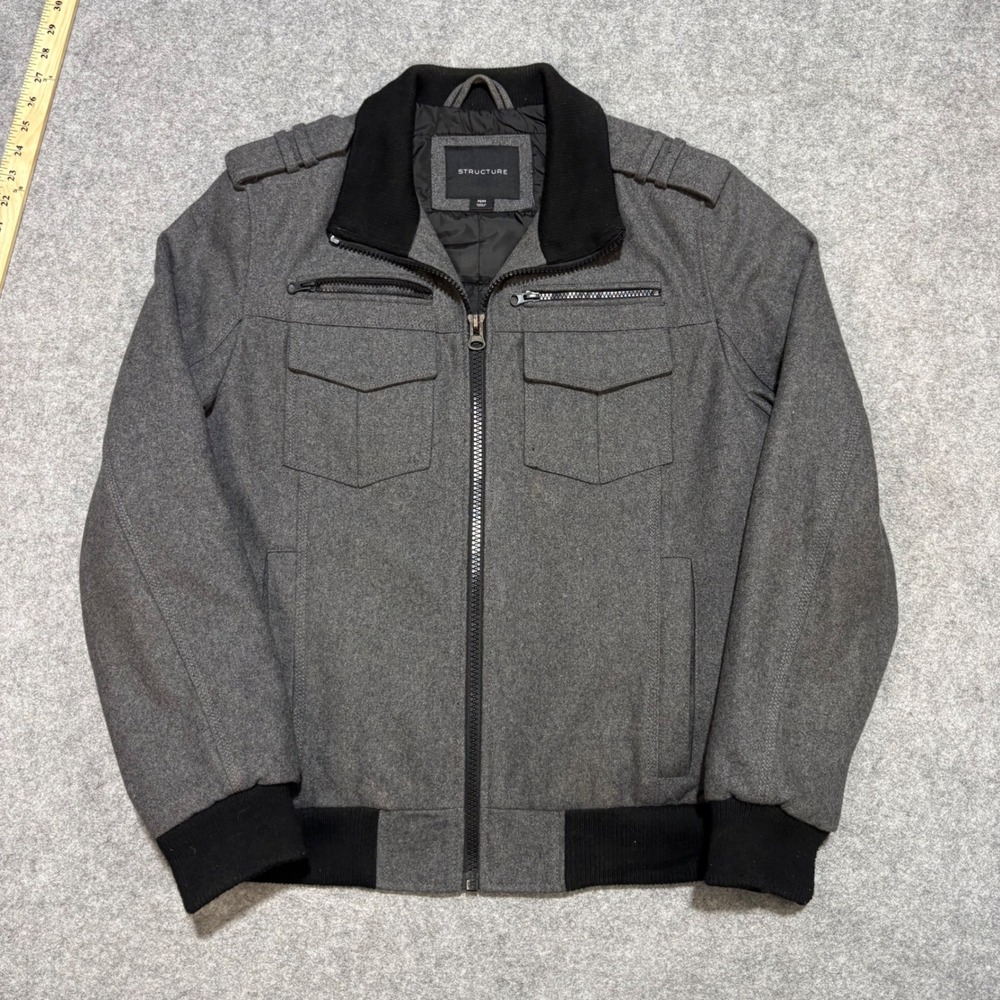 Structure Mens Gray Wool Blend Full Zip Bomber Jacket Military Style Medium